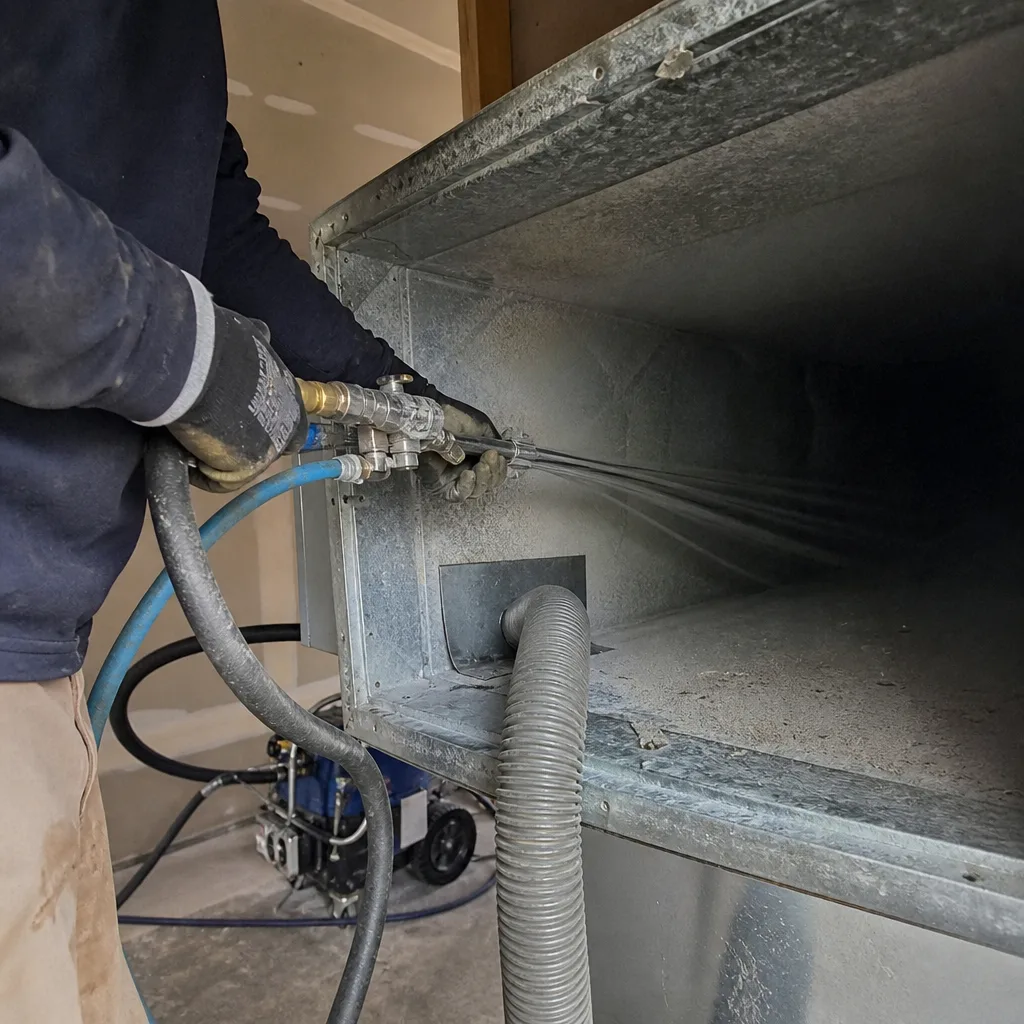 Technician performing professional air duct cleaning and sanitization on HVAC system.
