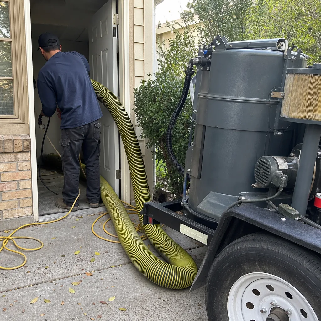 Technician performing professional air duct cleaning with industrial vacuum equipment