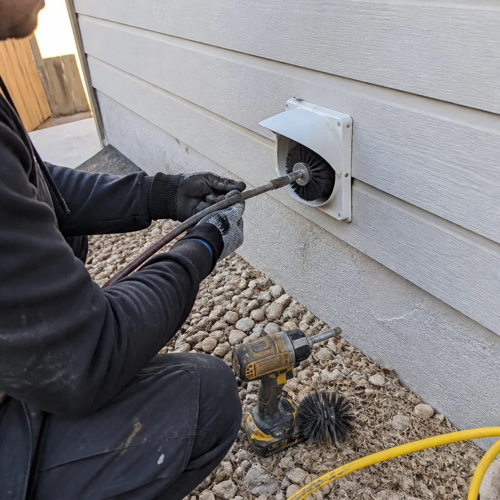Technician using a rotating brush to clean an exterior dryer vent