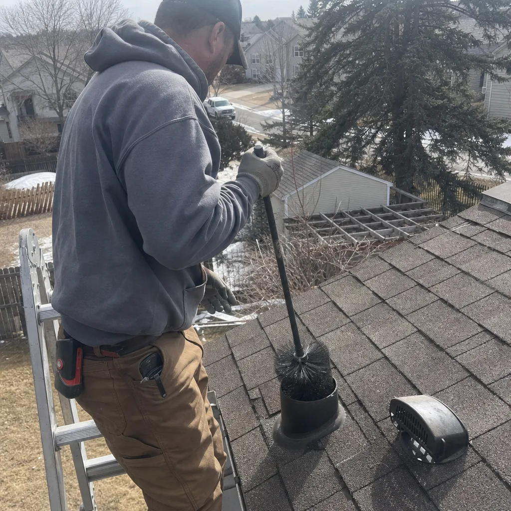 Professional technician performing dryer vent cleaning on a residential roof