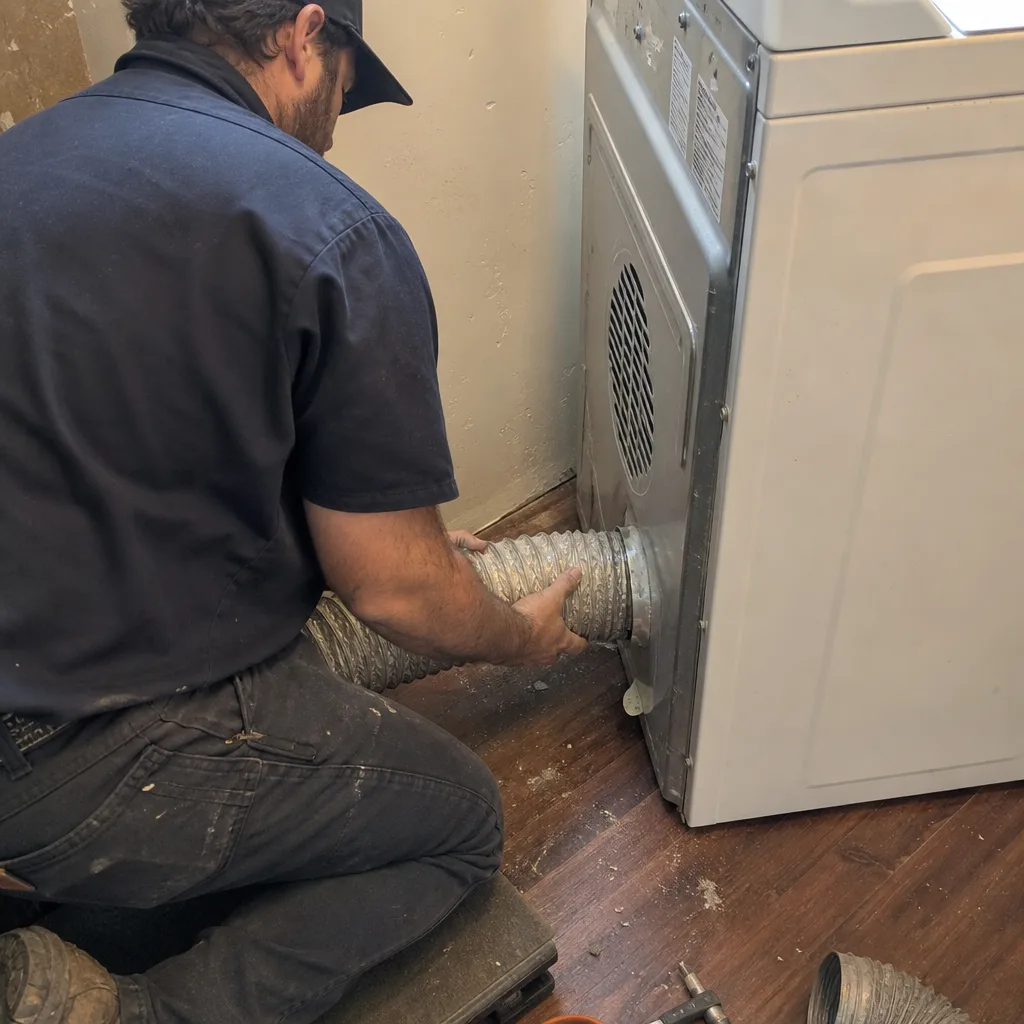 Technician performing professional dryer vent cleaning and hose installation