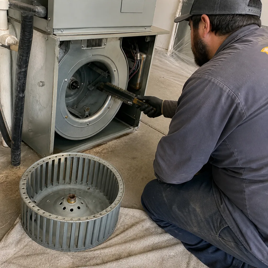 Technician performing professional HVAC blower fan cleaning and maintenance