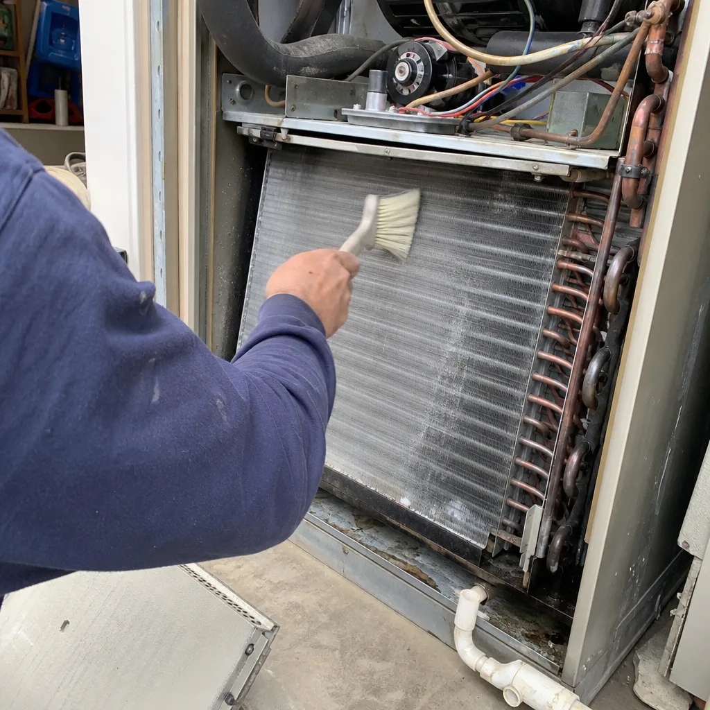 Technician cleaning residential HVAC evaporator coils with a soft brush